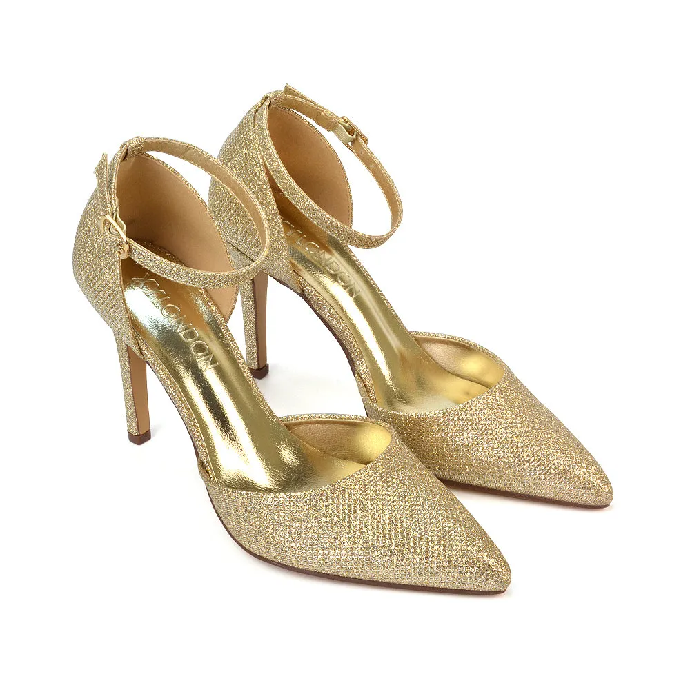 Ami High Heel Stilettos Pointed Toe Strappy Court Shoes in Gold Glitter