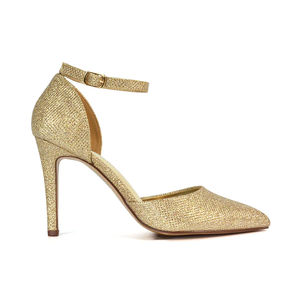 Ami High Heel Stilettos Pointed Toe Strappy Court Shoes in Gold Glitter