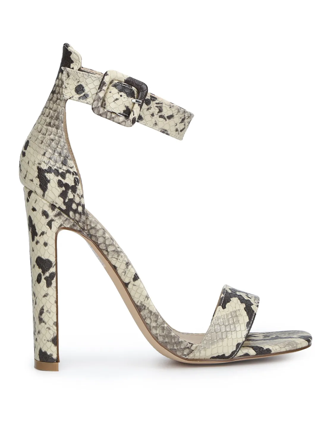 Beige Snake Ankle Strap Slim Block Heels