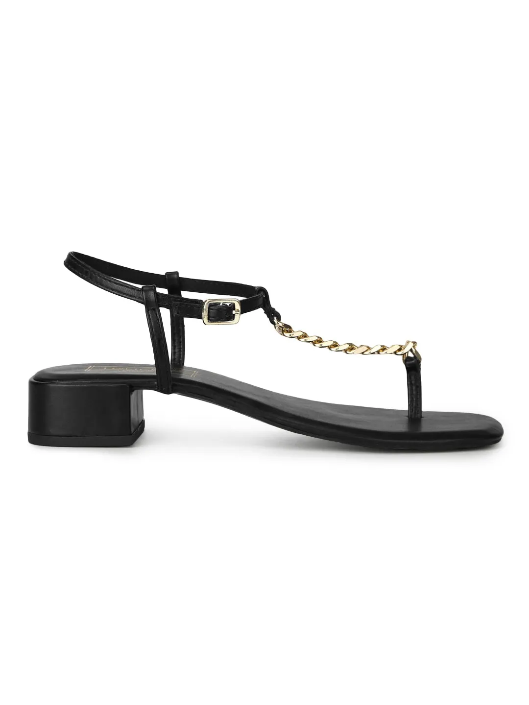 Black PU Low Block Heel Sandals With Gold Chain (TP28051-BLK)