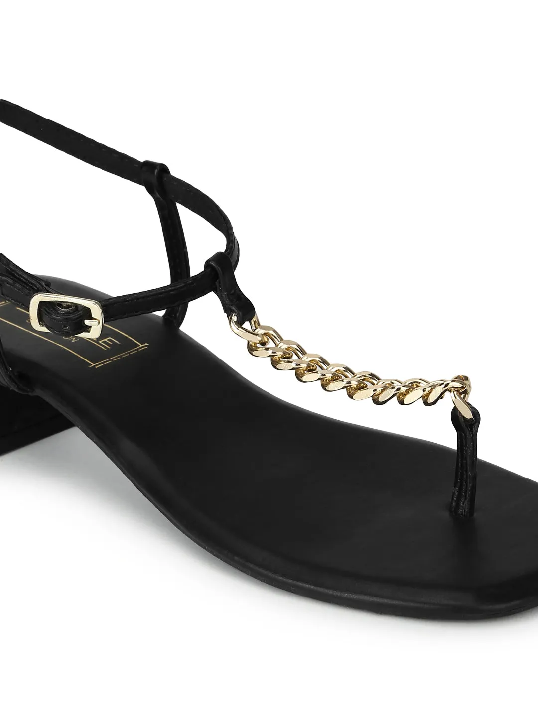 Black PU Low Block Heel Sandals With Gold Chain (TP28051-BLK)