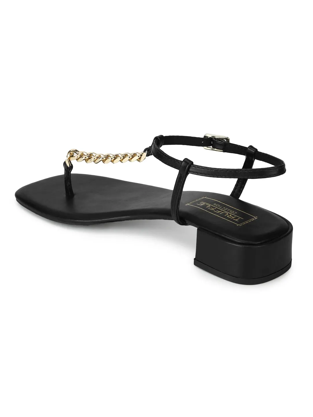 Black PU Low Block Heel Sandals With Gold Chain (TP28051-BLK)