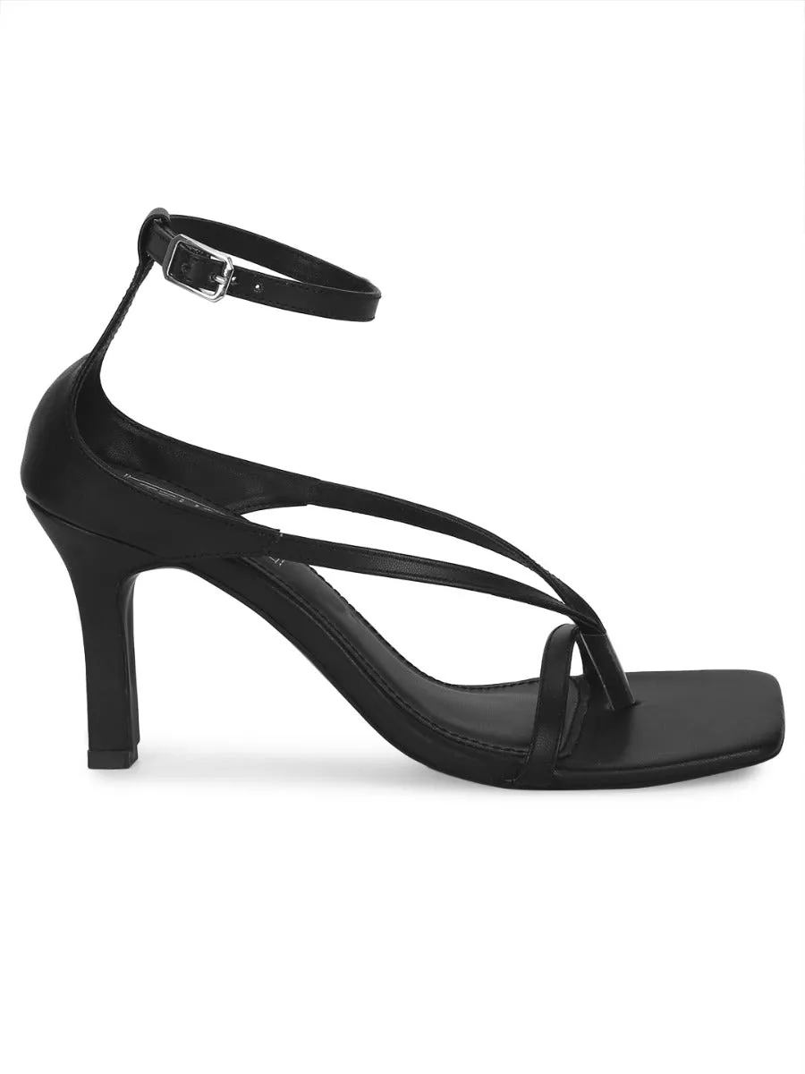 Black PU Pointed Heel Strappy Stilettos