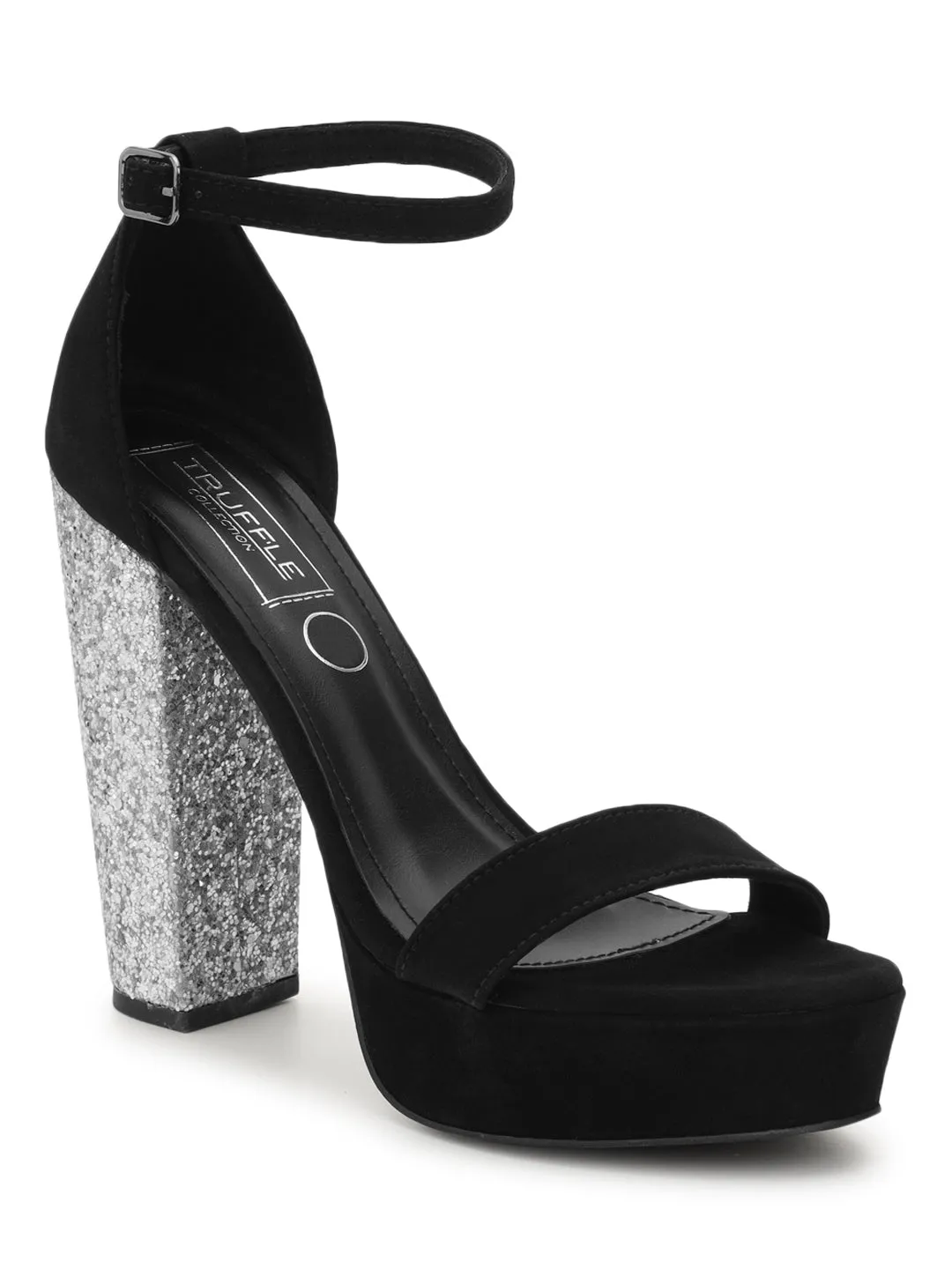 Black Silver Suede Diamond Block Heel Sandals (TP10376-BLKSIL)