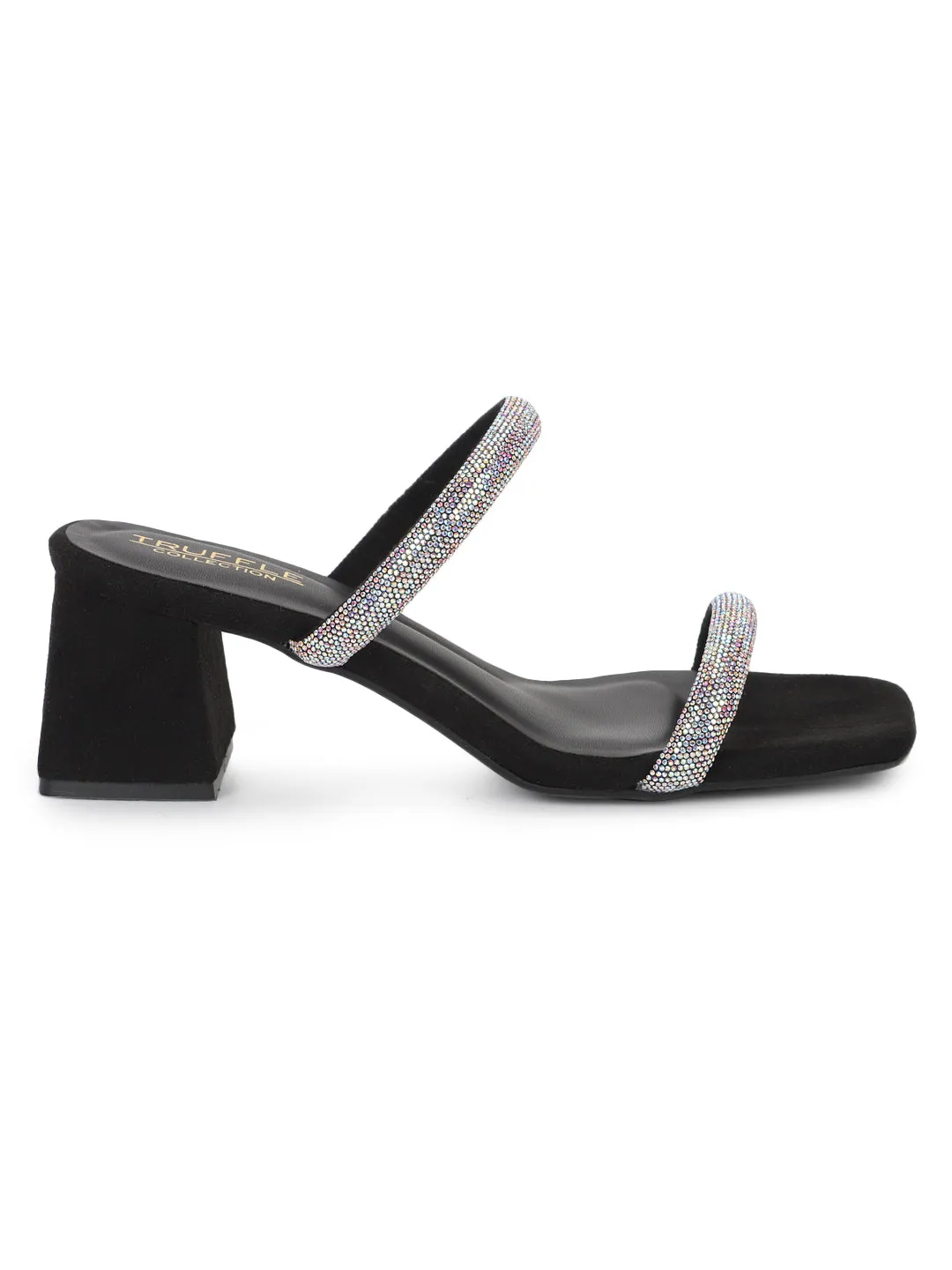 Black Suede Diamante Block Heel Mules (TC-ST-1335-BLK)