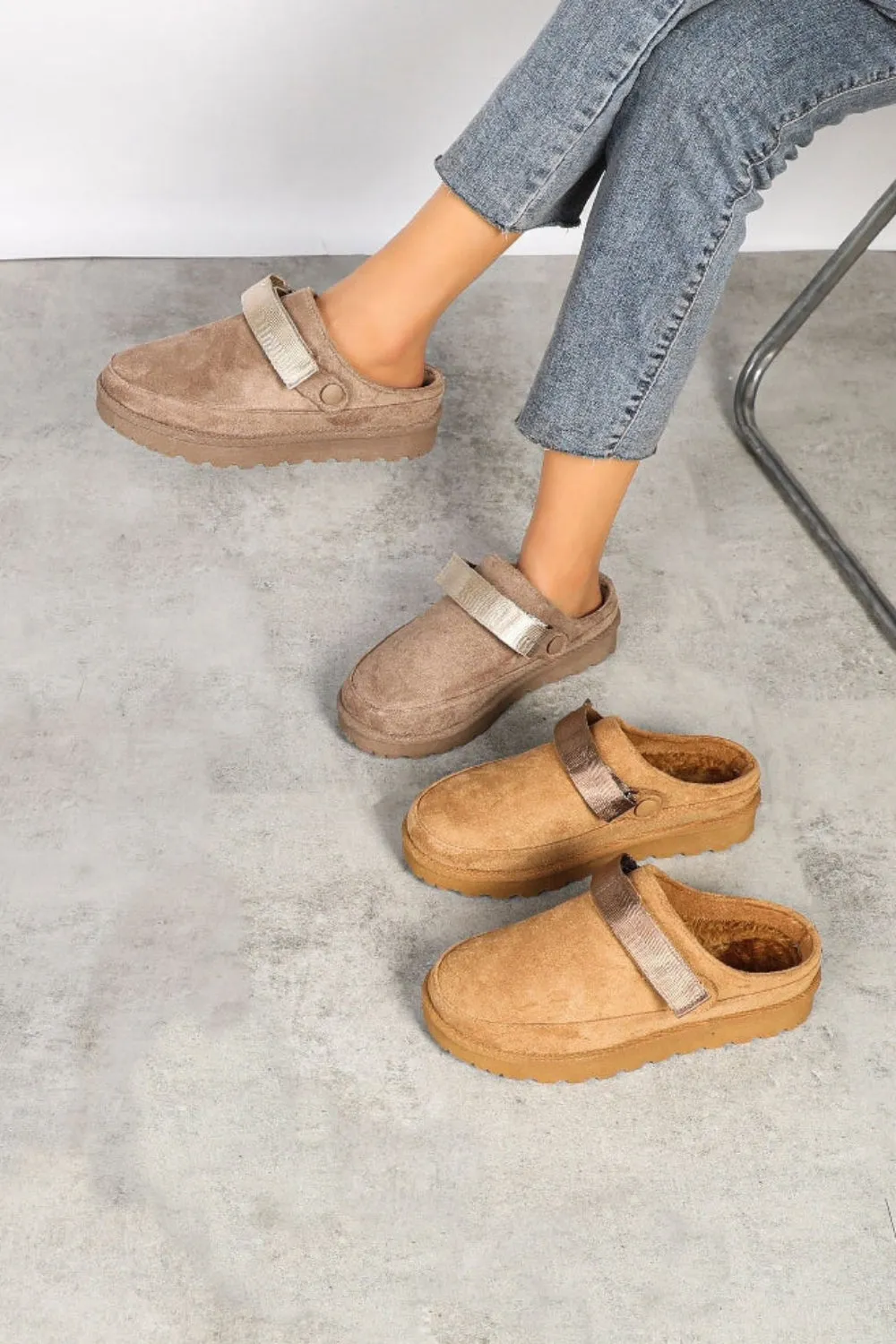 CAMEL FAUX SUEDE STRAPPY CLOGS SLIP ON MULES SLIPPERS