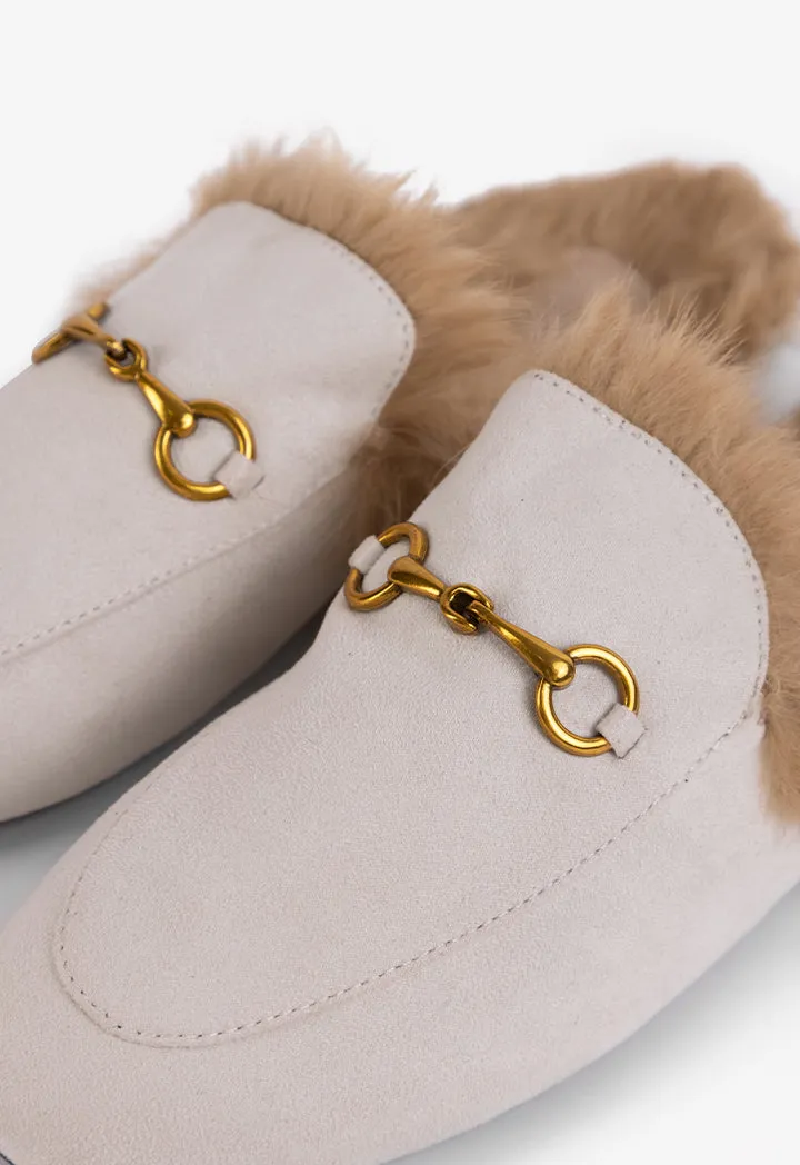 Choice Faux Fur Embellished Mules Light Beige