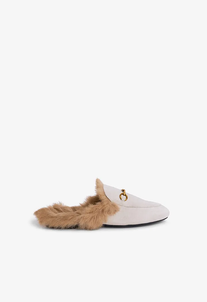 Choice Faux Fur Embellished Mules Light Beige