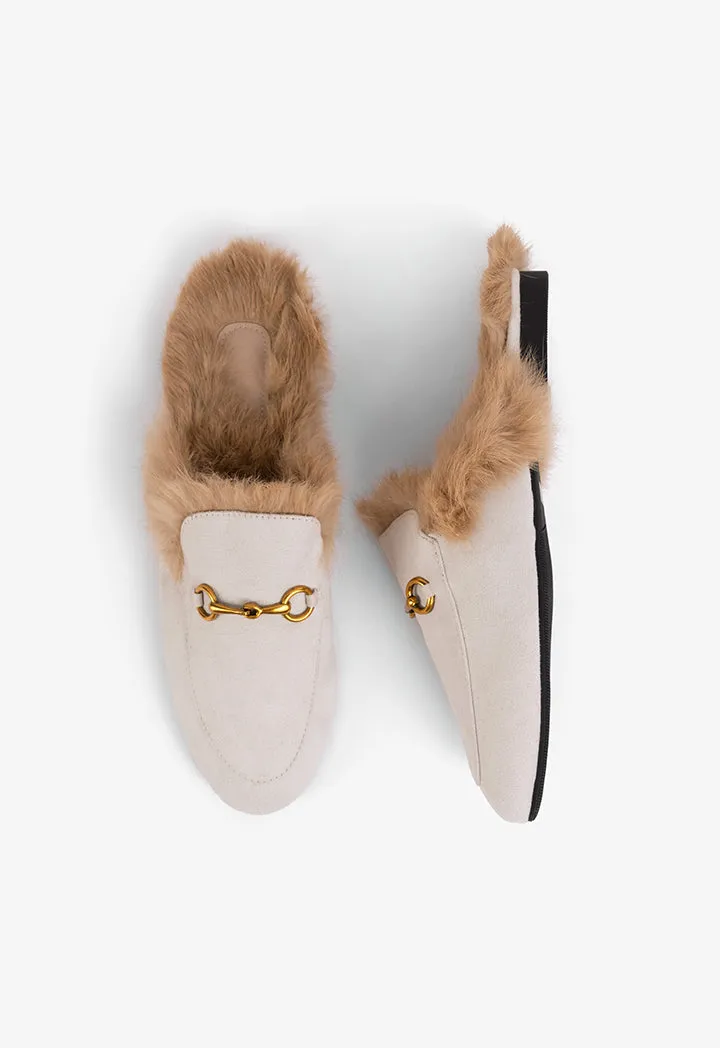 Choice Faux Fur Embellished Mules Light Beige