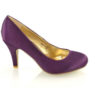 ELISABETH MID STILETTO HIGH WEDDING HEELS SLIP ON BRIDAL COURT SHOES IN PURPLE SATIN