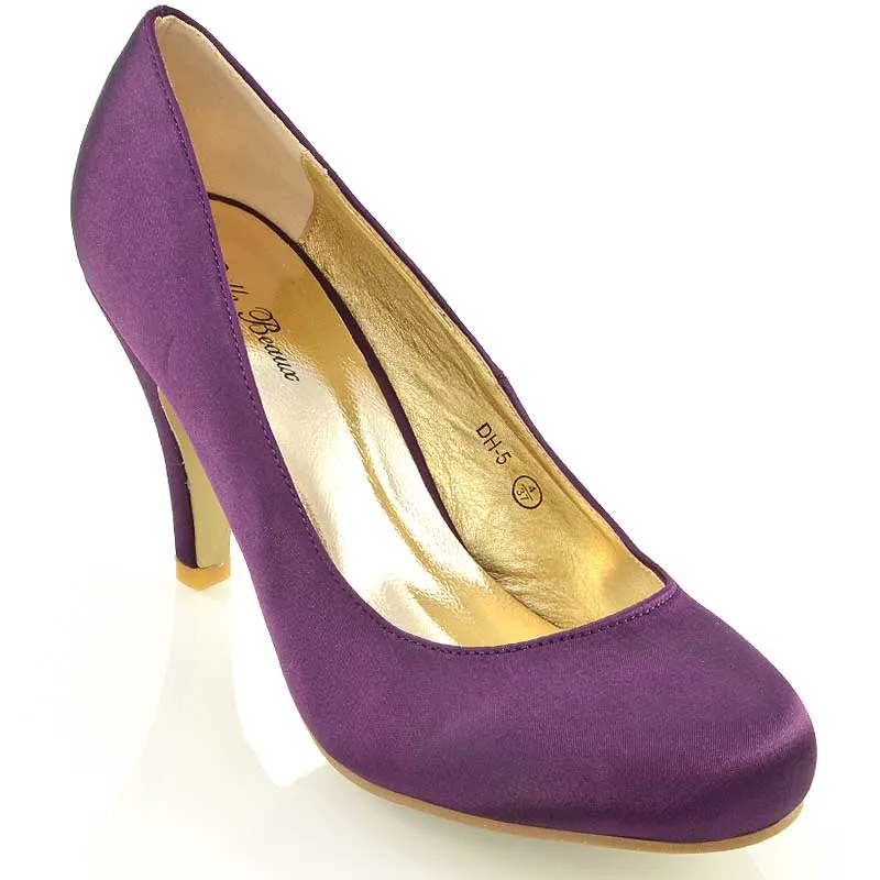 ELISABETH MID STILETTO HIGH WEDDING HEELS SLIP ON BRIDAL COURT SHOES IN PURPLE SATIN