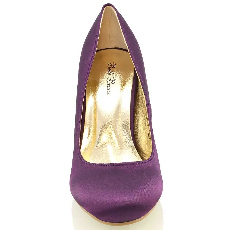 ELISABETH MID STILETTO HIGH WEDDING HEELS SLIP ON BRIDAL COURT SHOES IN PURPLE SATIN