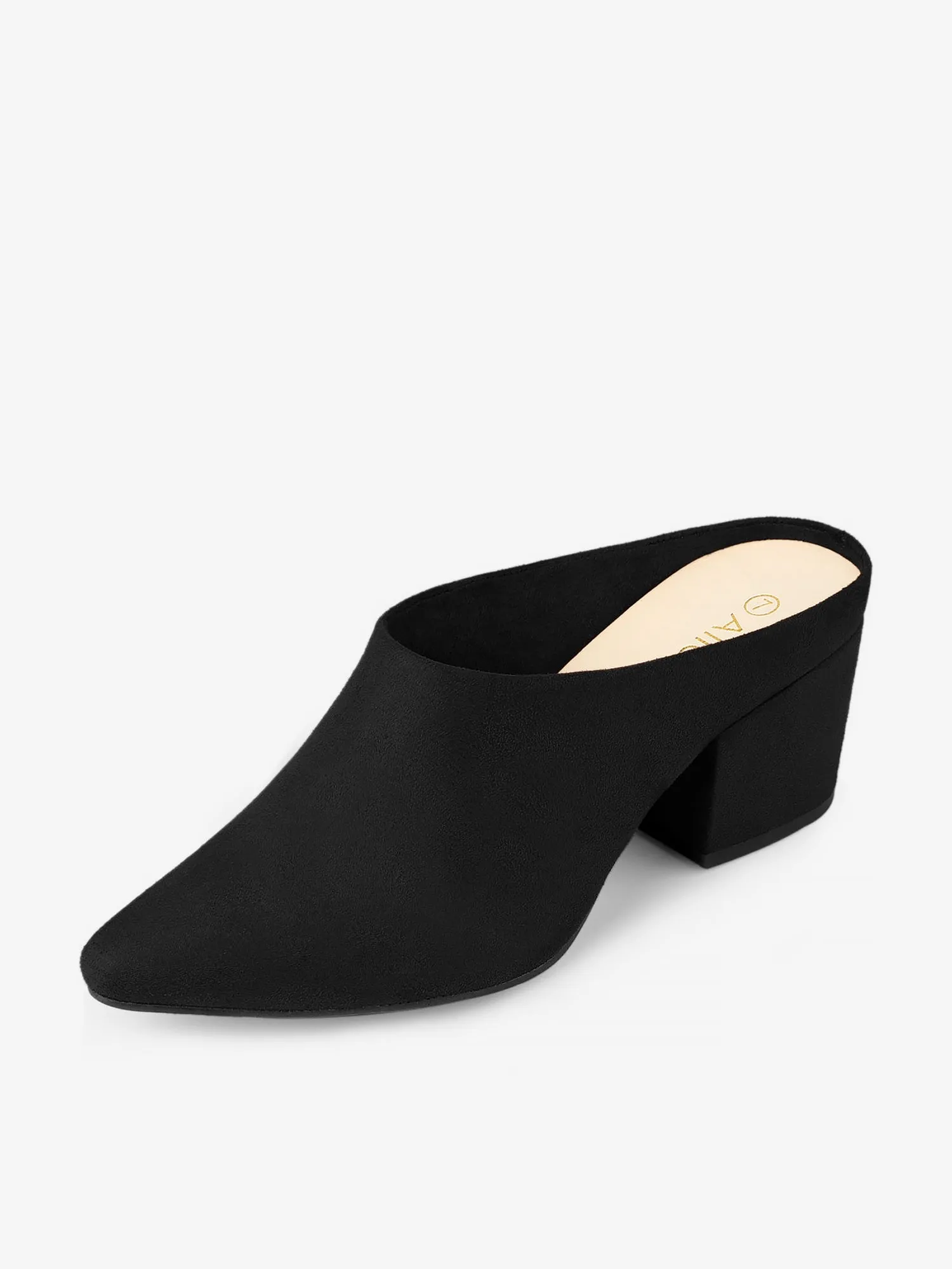 Faux Suede Pointed Toe Slip On Block Heel Slide Mules