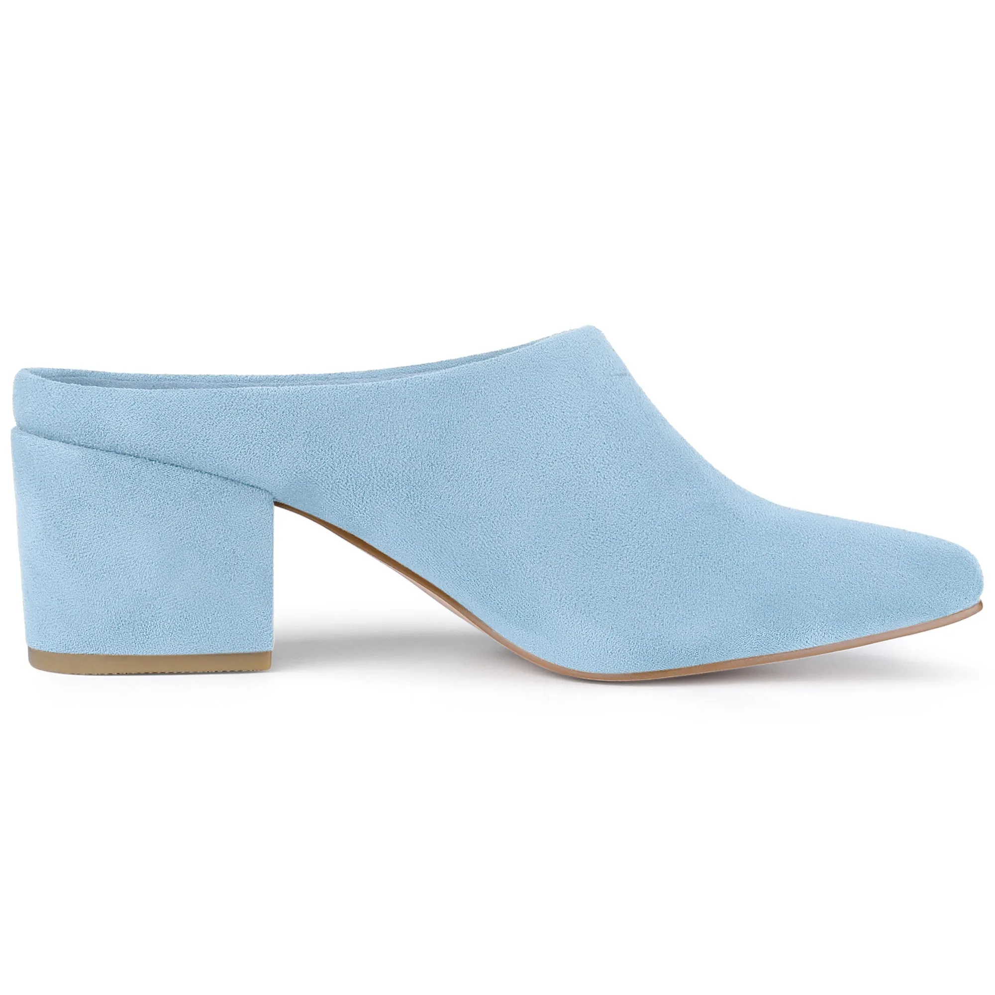 Faux Suede Pointed Toe Slip On Block Heel Slide Mules