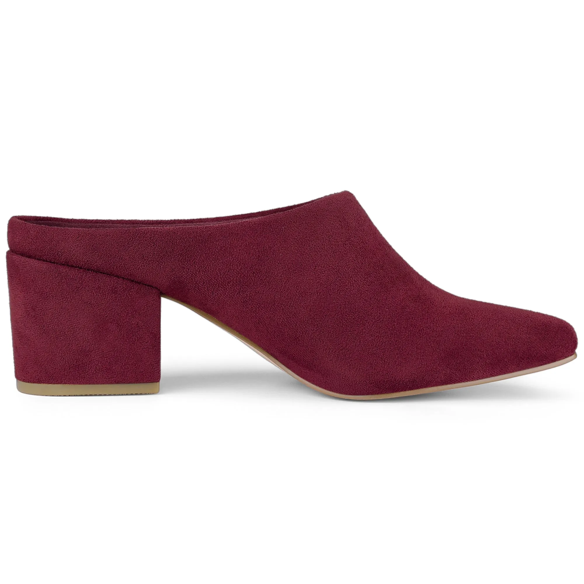 Faux Suede Pointed Toe Slip On Block Heel Slide Mules