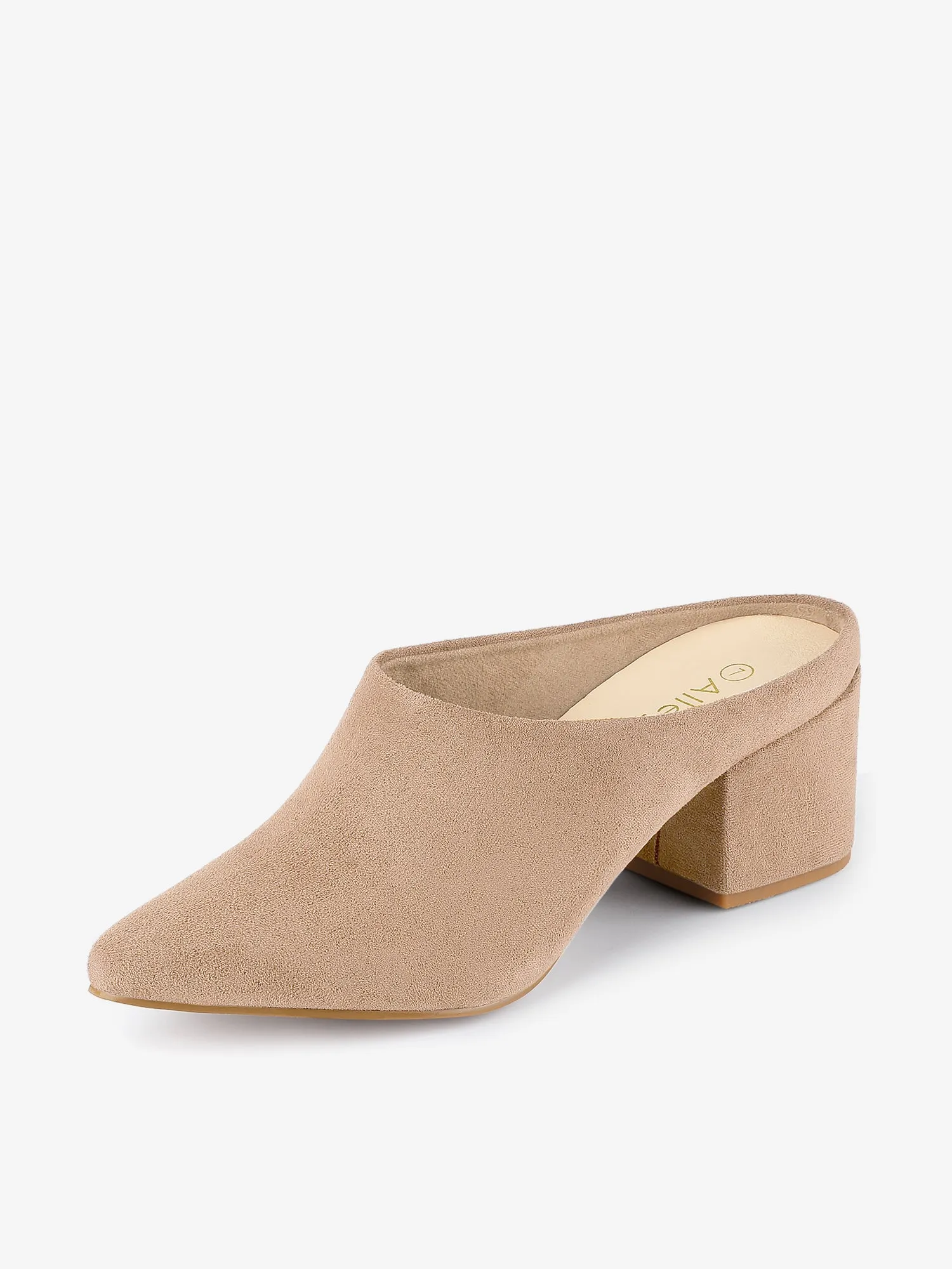 Faux Suede Pointed Toe Slip On Block Heel Slide Mules