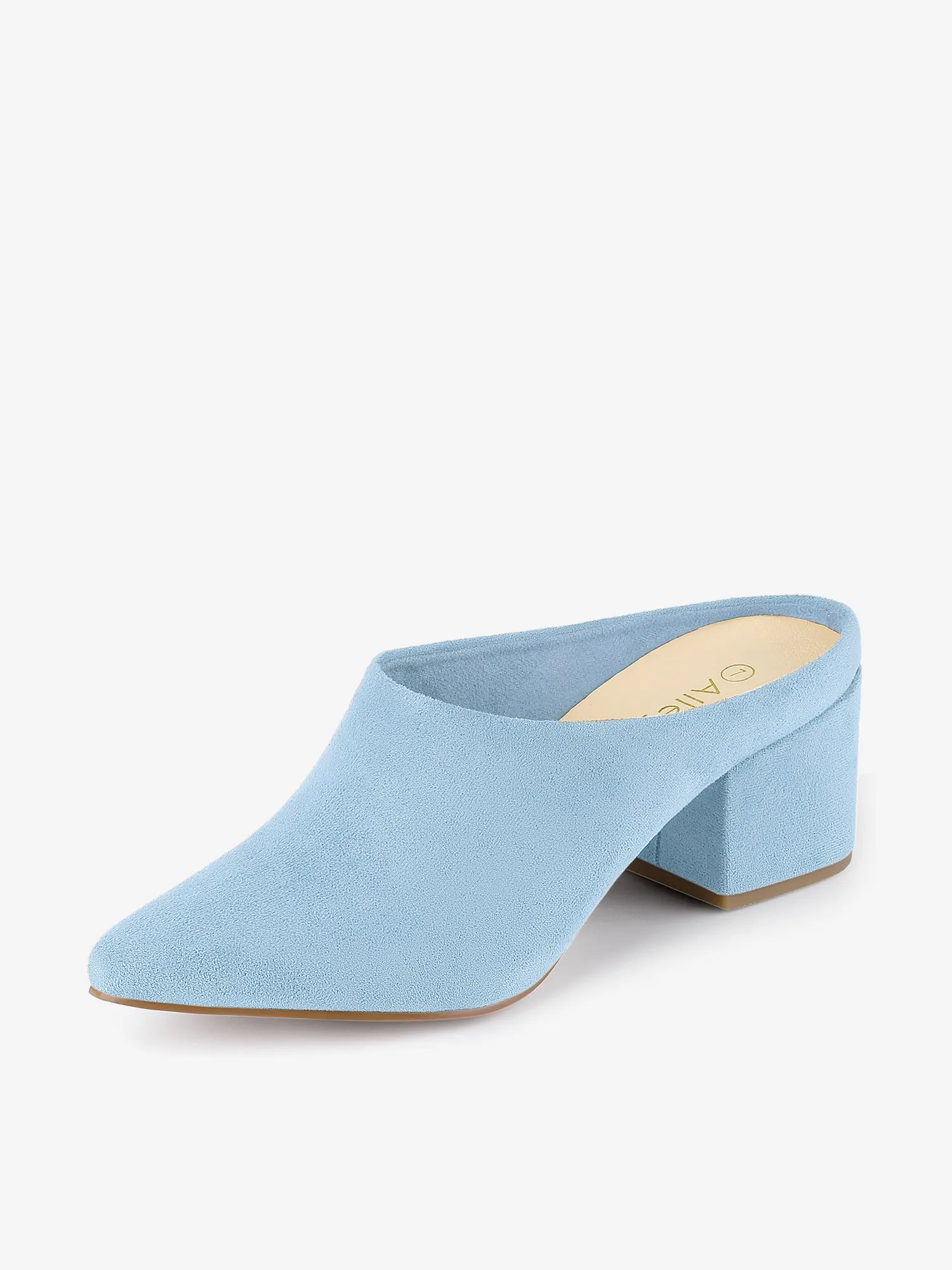 Faux Suede Pointed Toe Slip On Block Heel Slide Mules