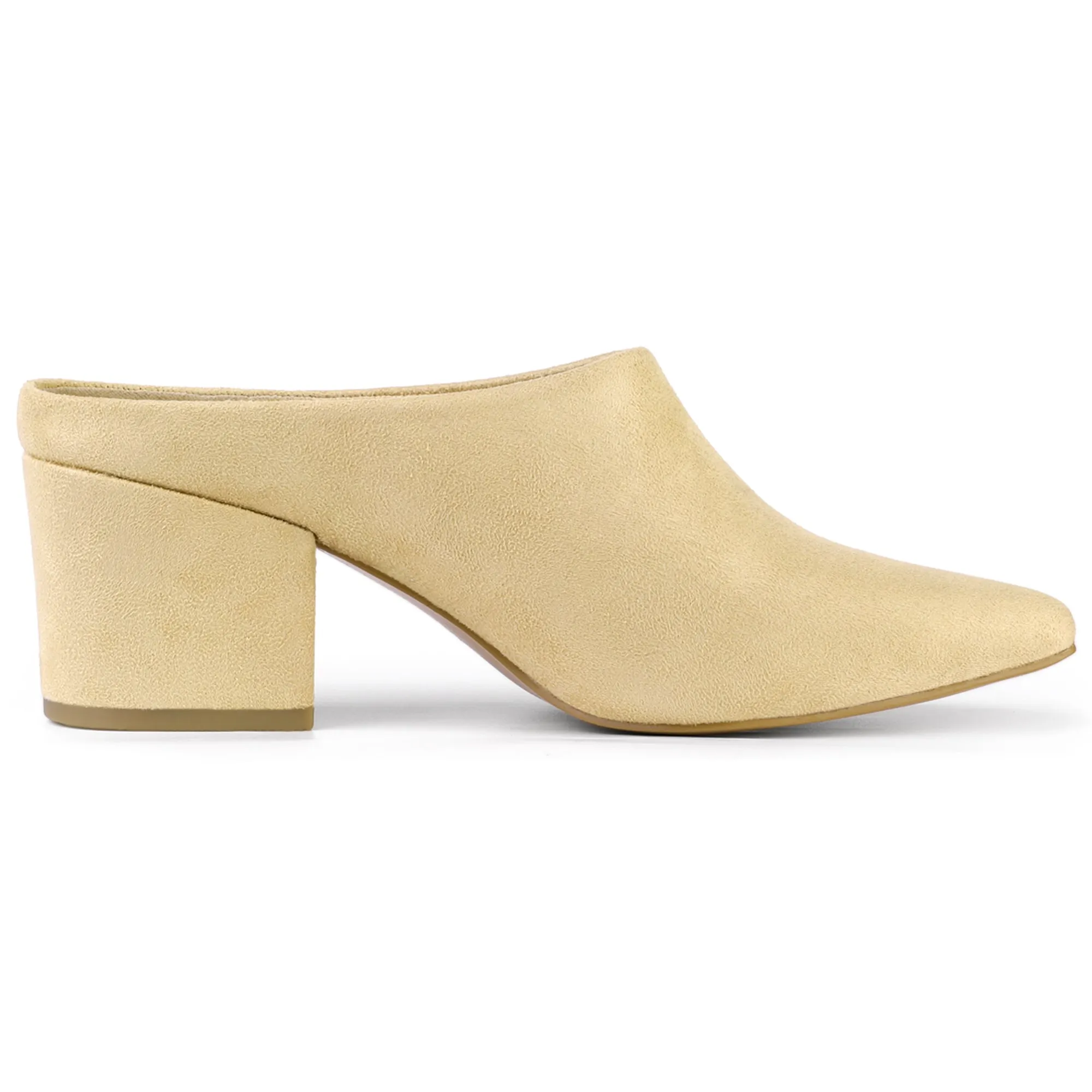 Faux Suede Pointed Toe Slip On Block Heel Slide Mules