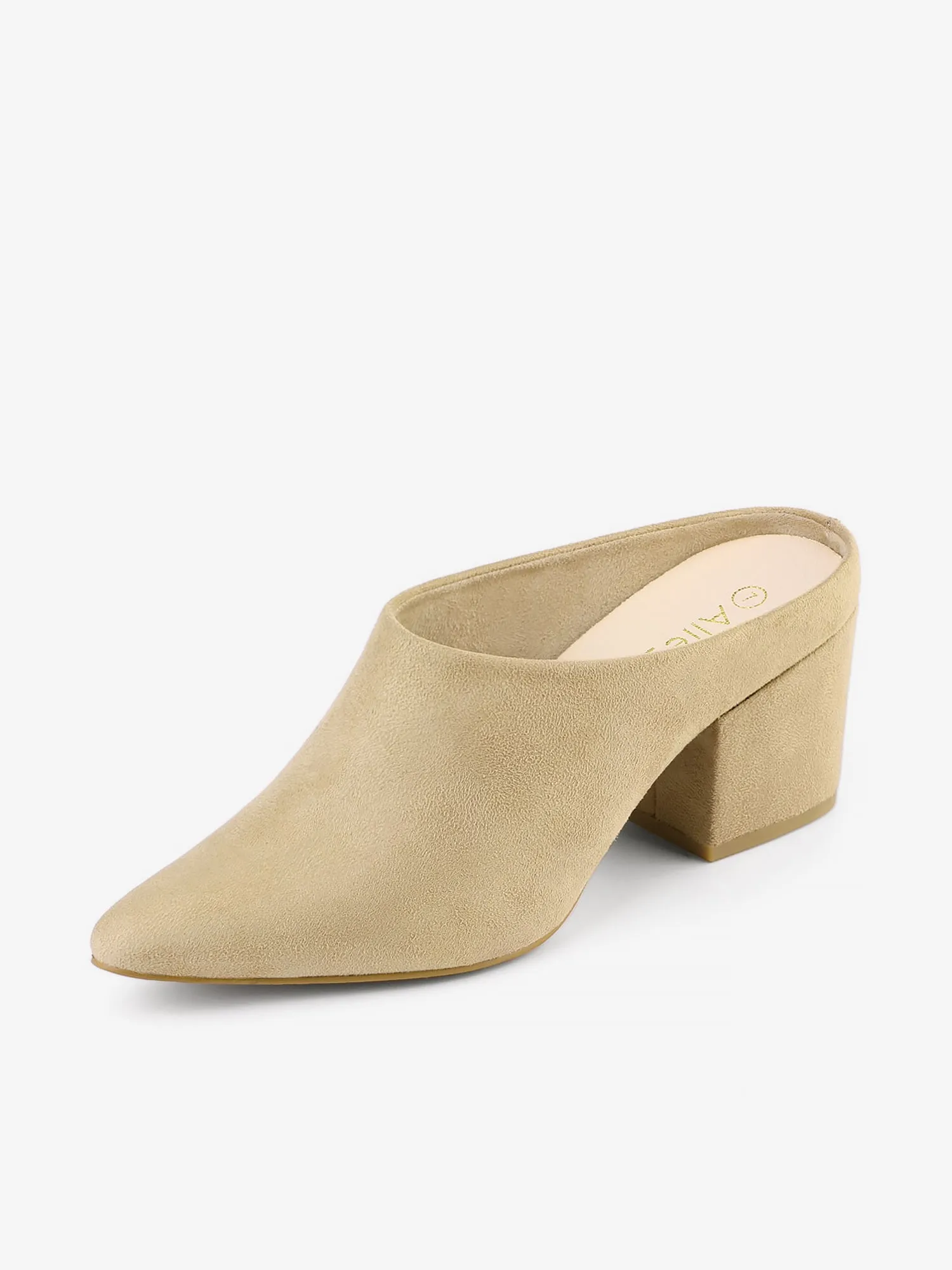 Faux Suede Pointed Toe Slip On Block Heel Slide Mules