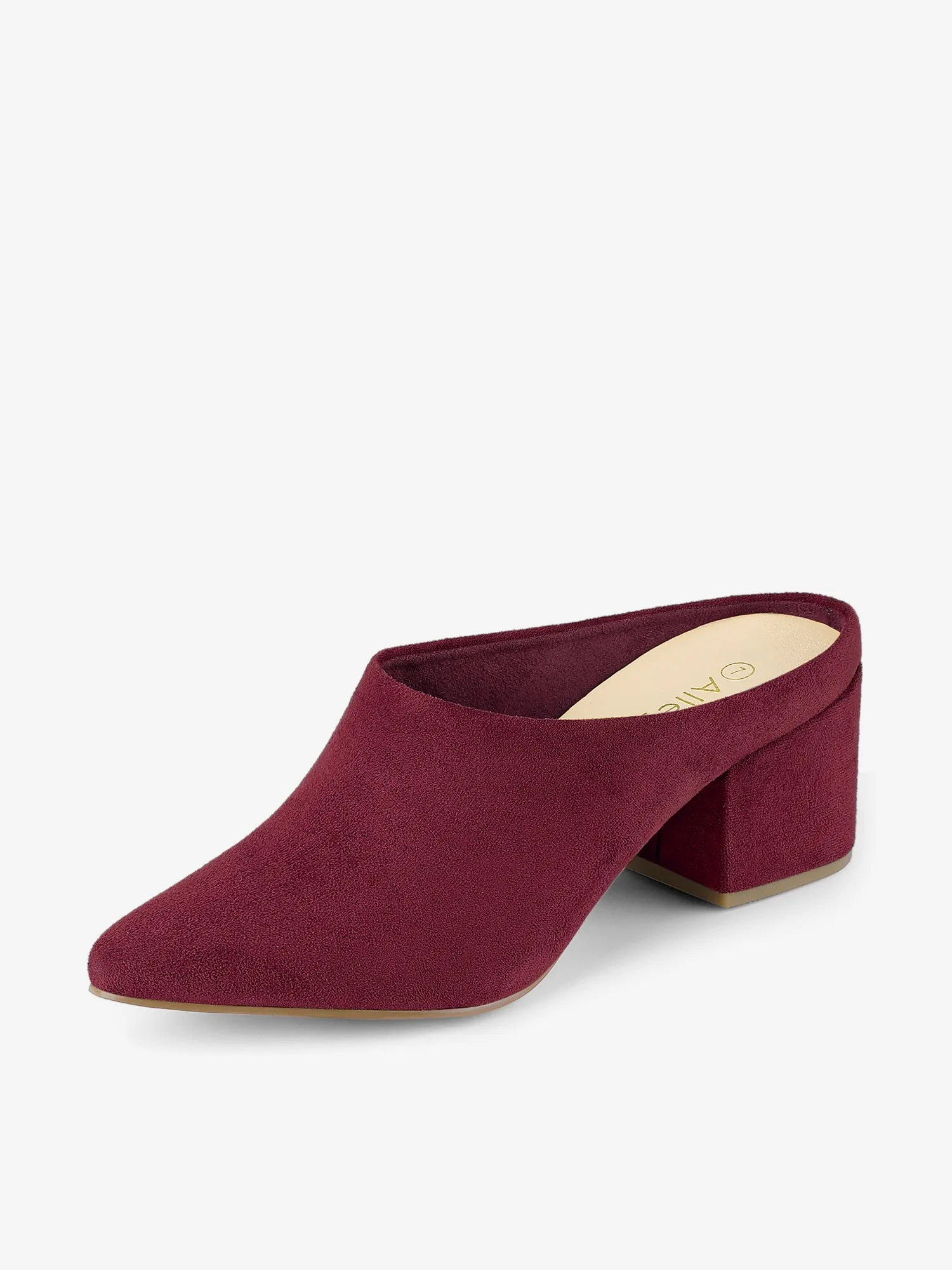 Faux Suede Pointed Toe Slip On Block Heel Slide Mules