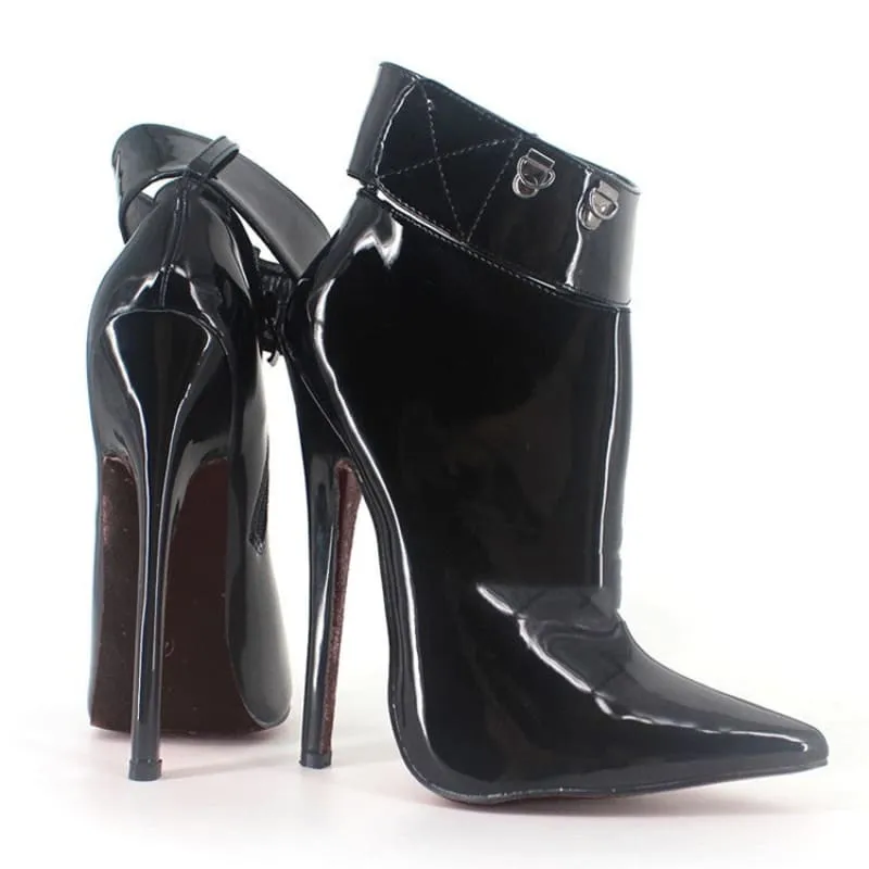 Glossy Red Patent High Stiletto Heel Ankle Boots with Padlock Detail