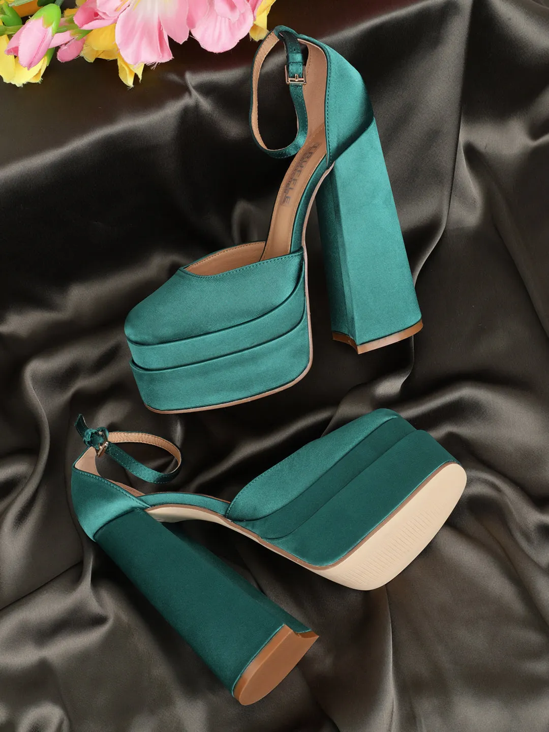 Green Satin Strappy Block Sandals (TC-GOWN1-GRN)