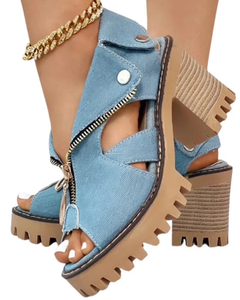 Lady Boss Peep-Toe Denim Sandals