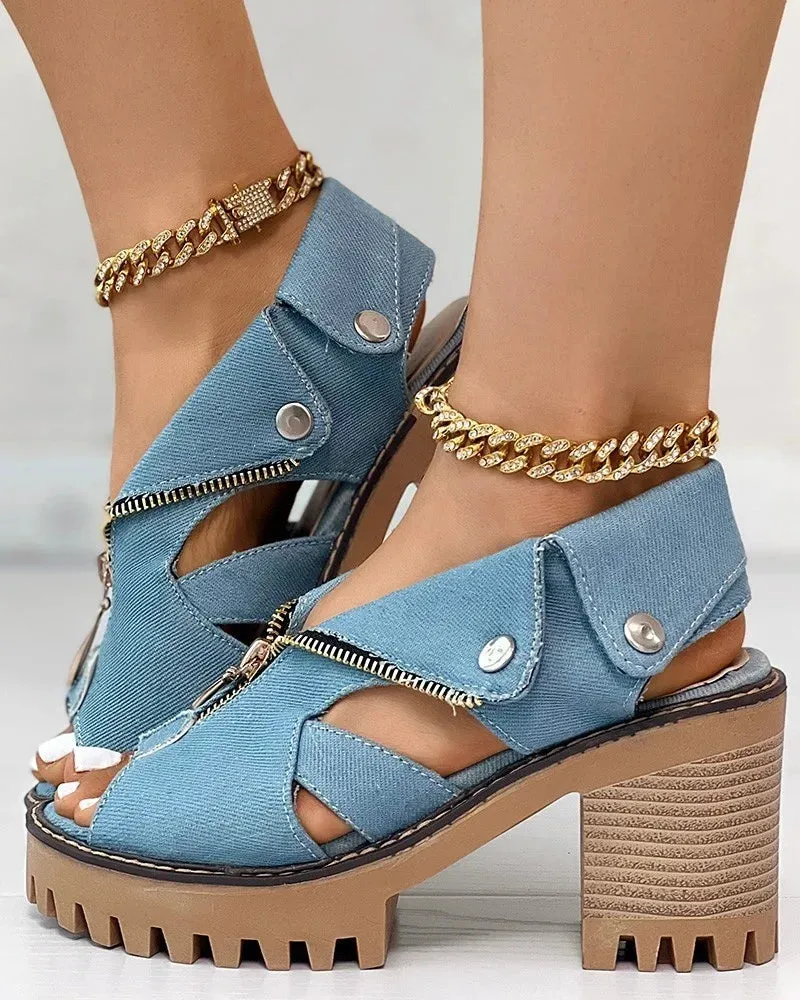 Lady Boss Peep-Toe Denim Sandals