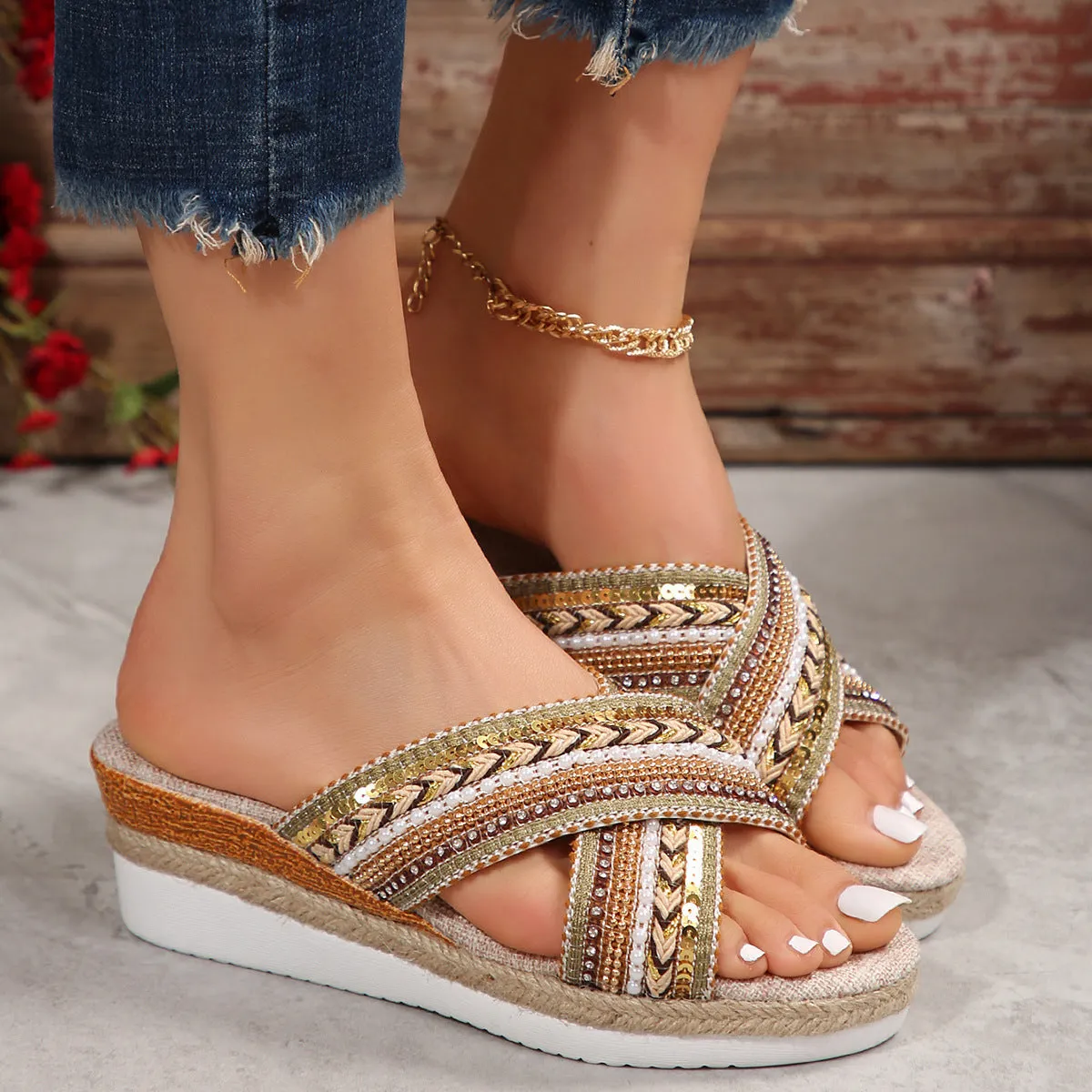 Linen Wedge Cross-strap Platform Sandals