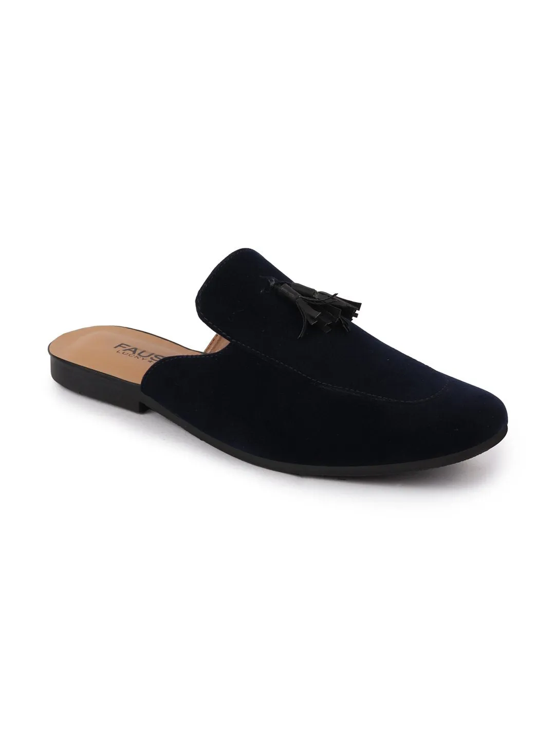 Men Blue Back Open Tassel Party Slip On Mules