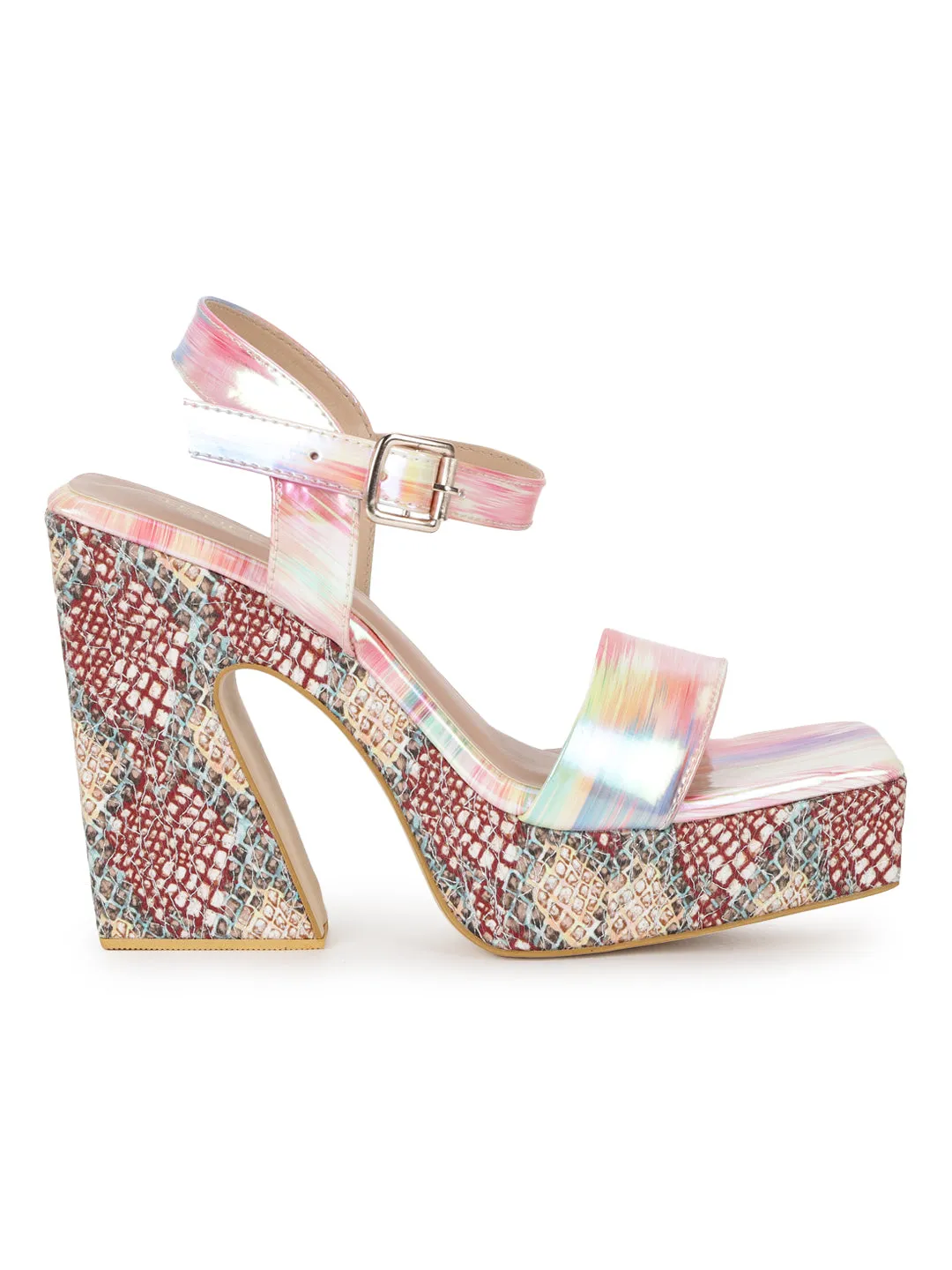 Pink Holographic Wide Strap Platform Sandals (TC-MSI-V-116-PNK)