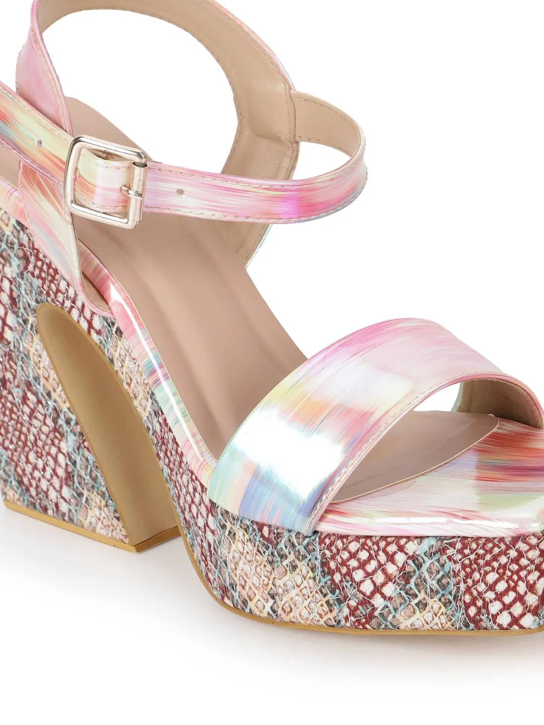 Pink Holographic Wide Strap Platform Sandals (TC-MSI-V-116-PNK)