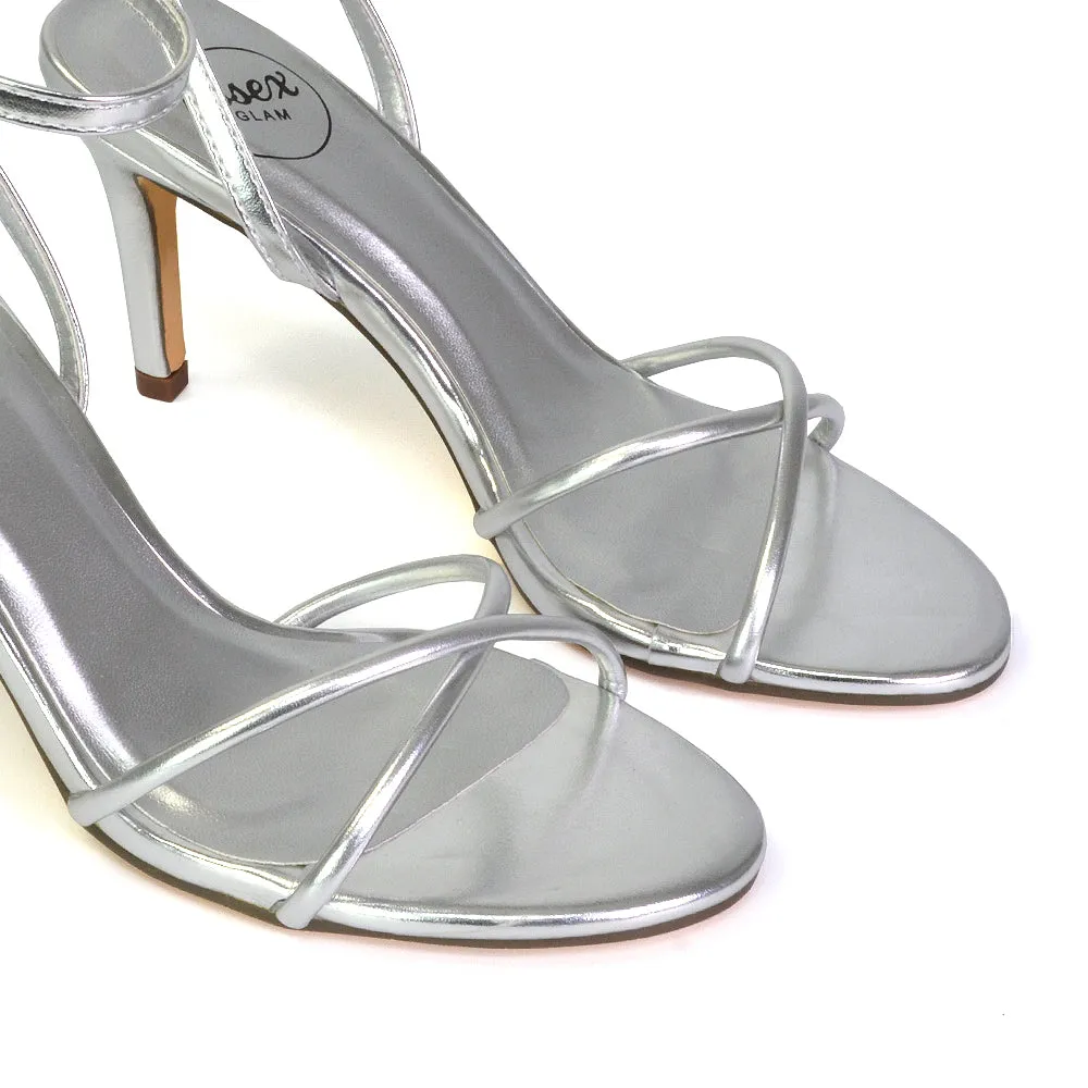 Ridge Strappy Round Toe Mid High Heel Stiletto Sandals in Silver Metallic