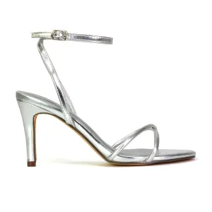 Ridge Strappy Round Toe Mid High Heel Stiletto Sandals in Silver Metallic