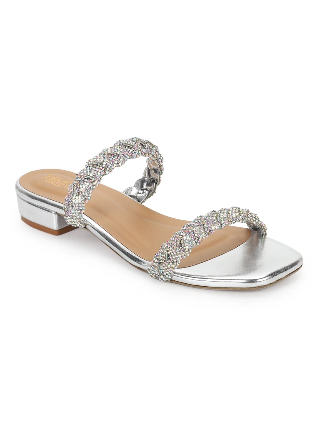 Silver PU Diamante Kitten Heel Mules (TC-ST-1338-SIL)