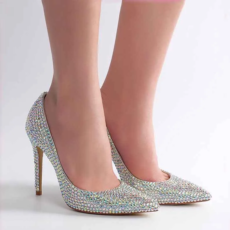 Silver Rhinestone Pointed Toe Stiletto Wedding Heels