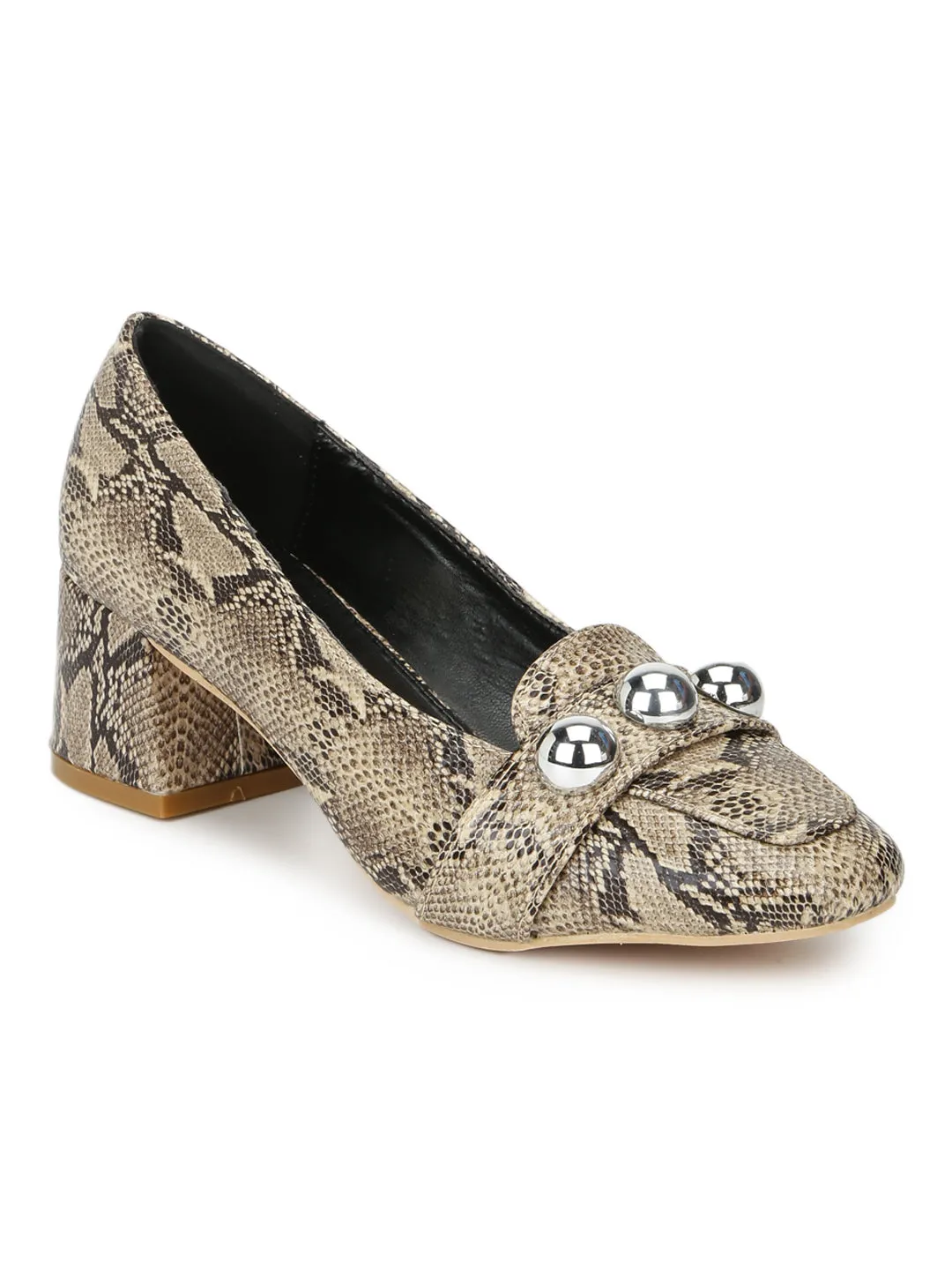 Snake PU Beaded Loafer Style Low Block Heels