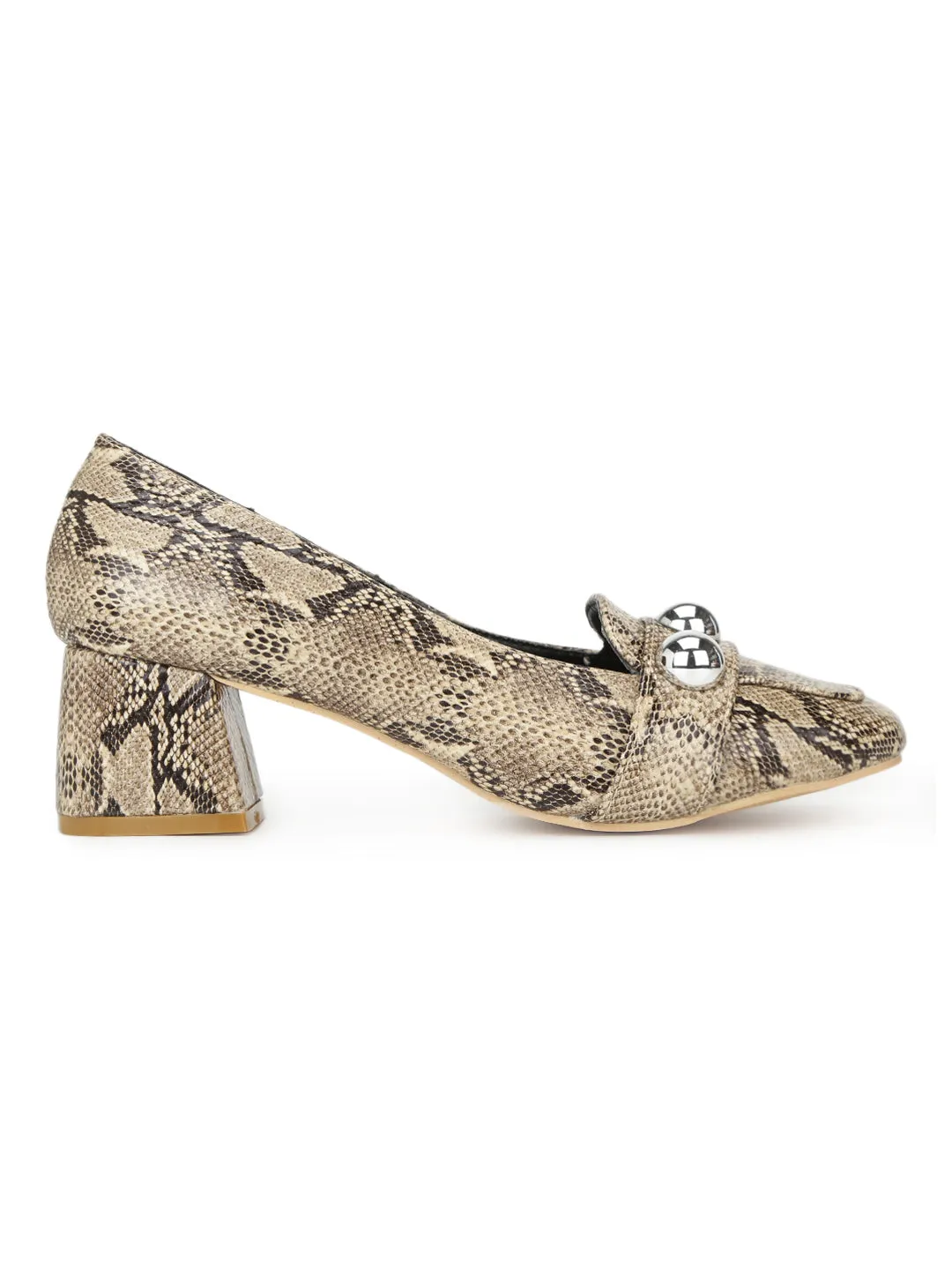 Snake PU Beaded Loafer Style Low Block Heels