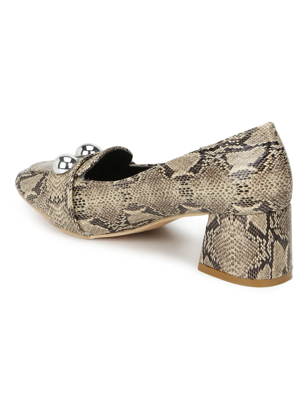 Snake PU Beaded Loafer Style Low Block Heels