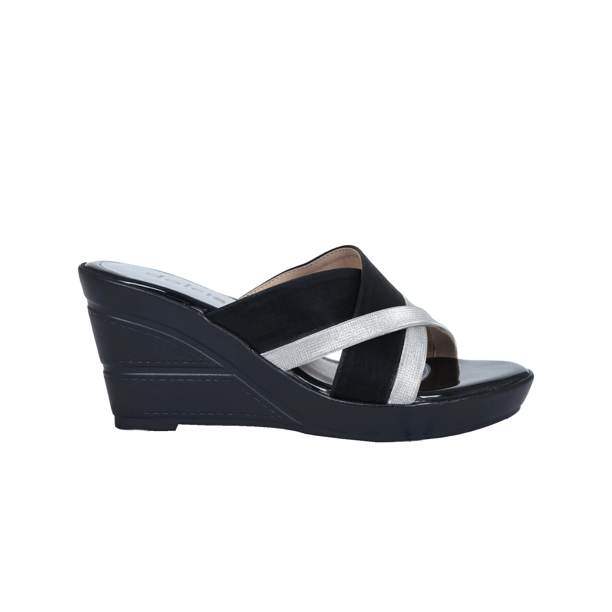 Stylish Black & Silver Wedge Heels | 595H-C