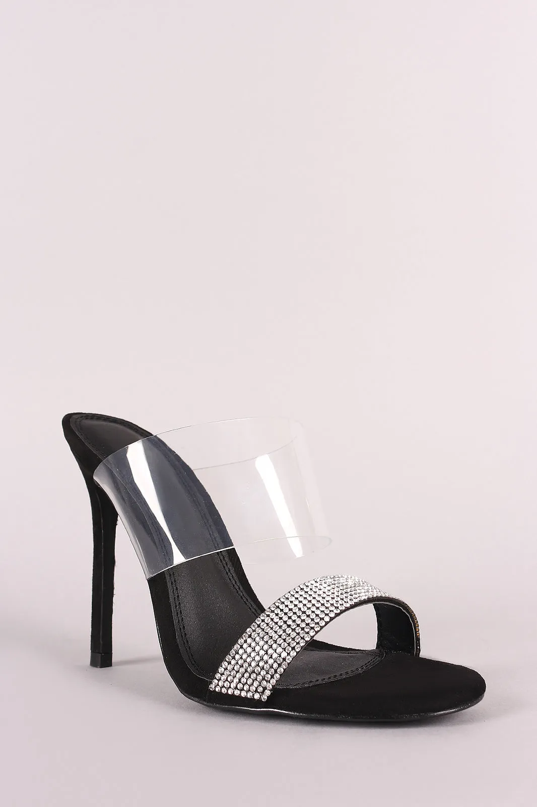 Suede Rhinestone Open Toe Clear Band Stiletto Mule Heel