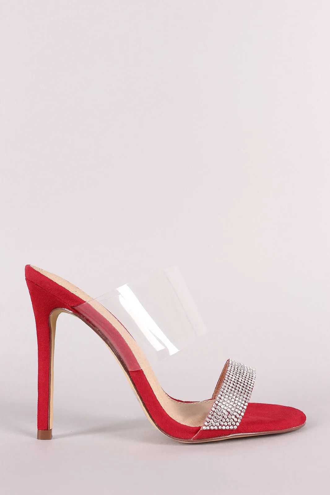 Suede Rhinestone Open Toe Clear Band Stiletto Mule Heel