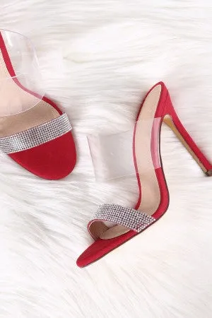 Suede Rhinestone Open Toe Clear Band Stiletto Mule Heel