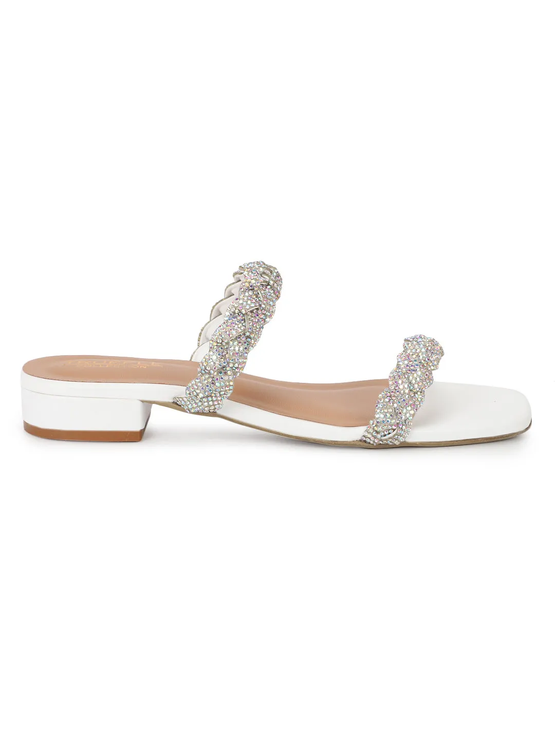 White PU Diamante Kitten Heel Mules (TC-ST-1338-WHT)