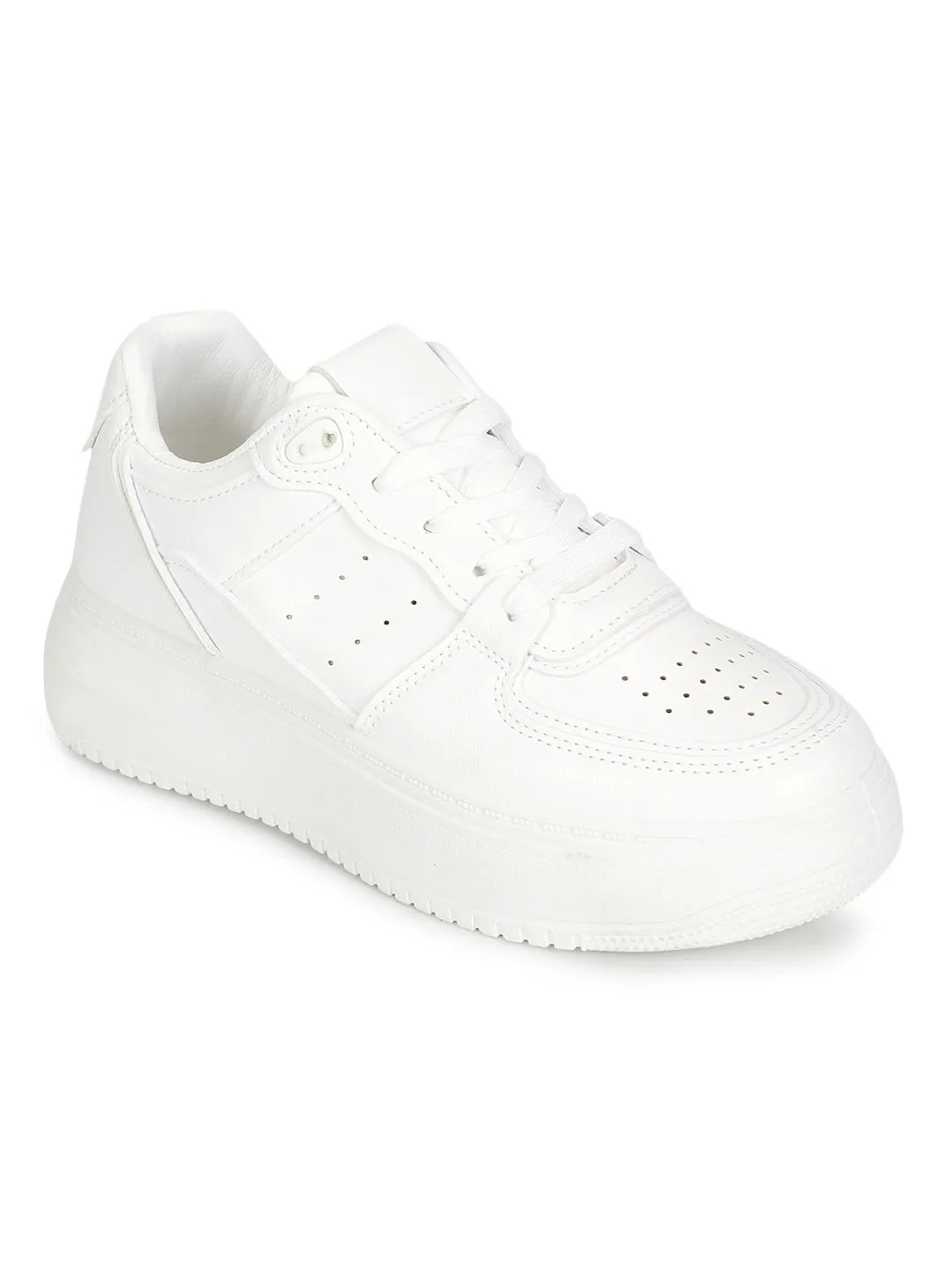 White PU Lace-Up Sneakers (TC-RS3433-WHT)