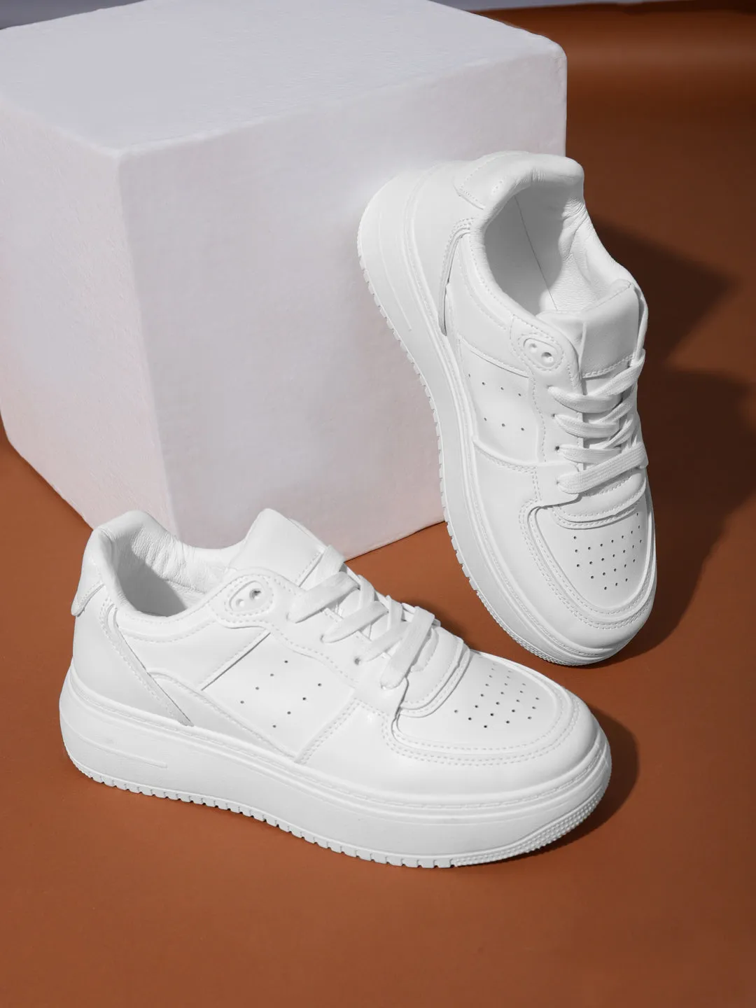 White PU Lace-Up Sneakers (TC-RS3433-WHT)