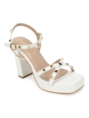 White PU Studded High Block Heels (TC-SLC-N1107-WHT)