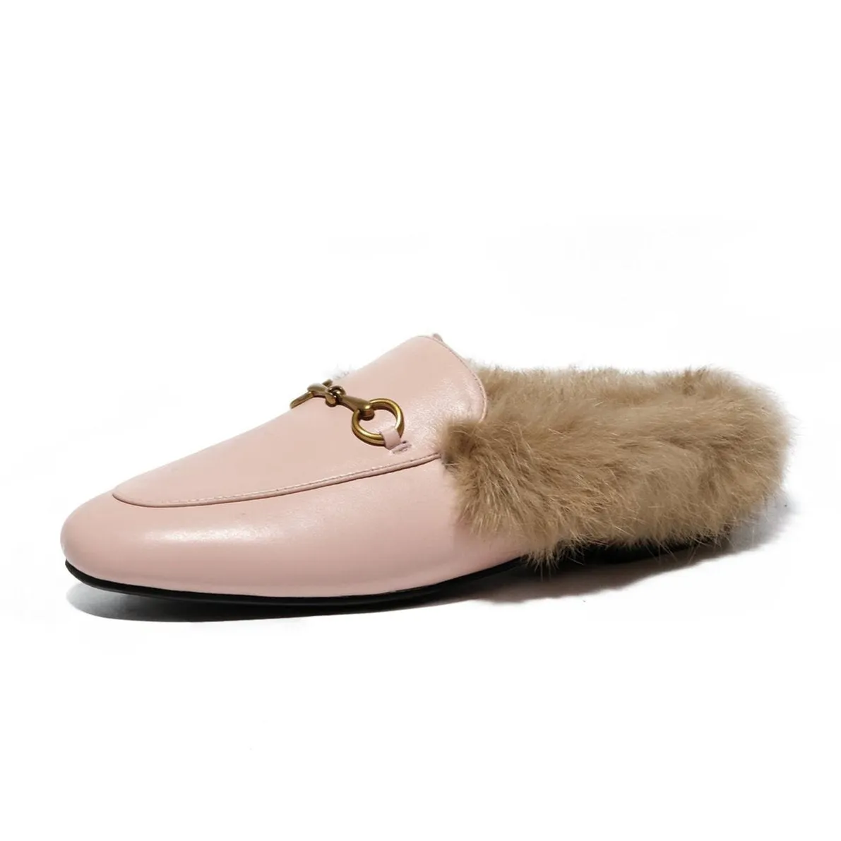 Women Leather Fur Flat Slippers Mules