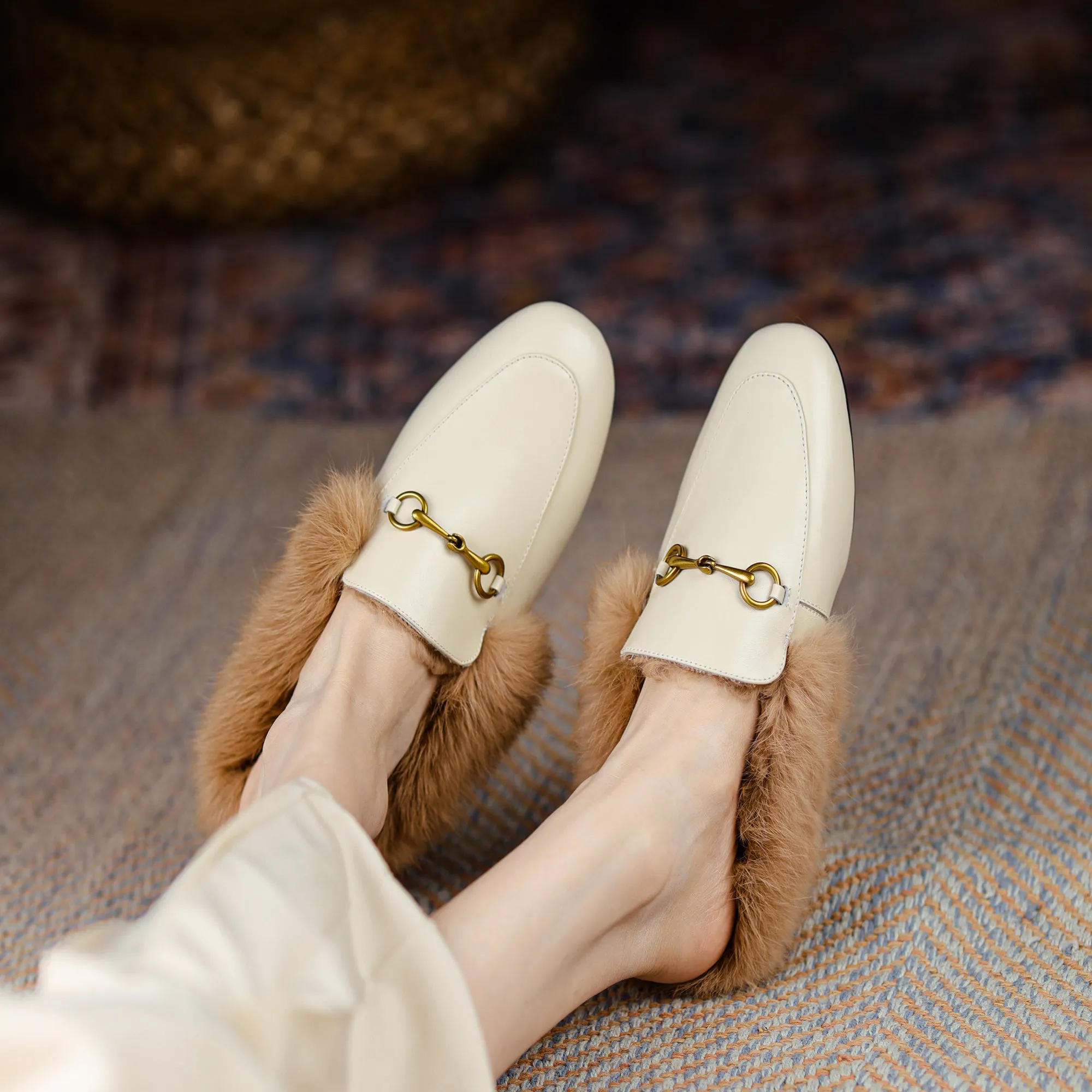 Women Leather Fur Flat Slippers Mules