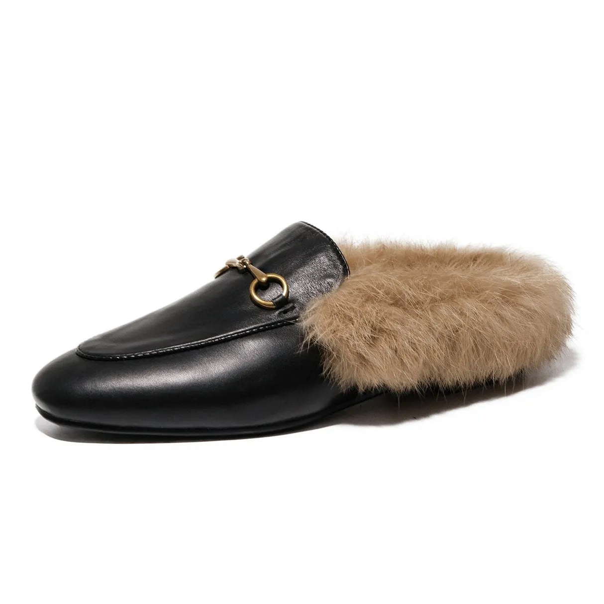 Women Leather Fur Flat Slippers Mules